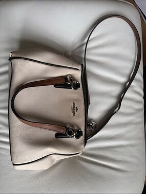 Coach Pebble Leather Satchel in Chalk with Tan and Black Trim